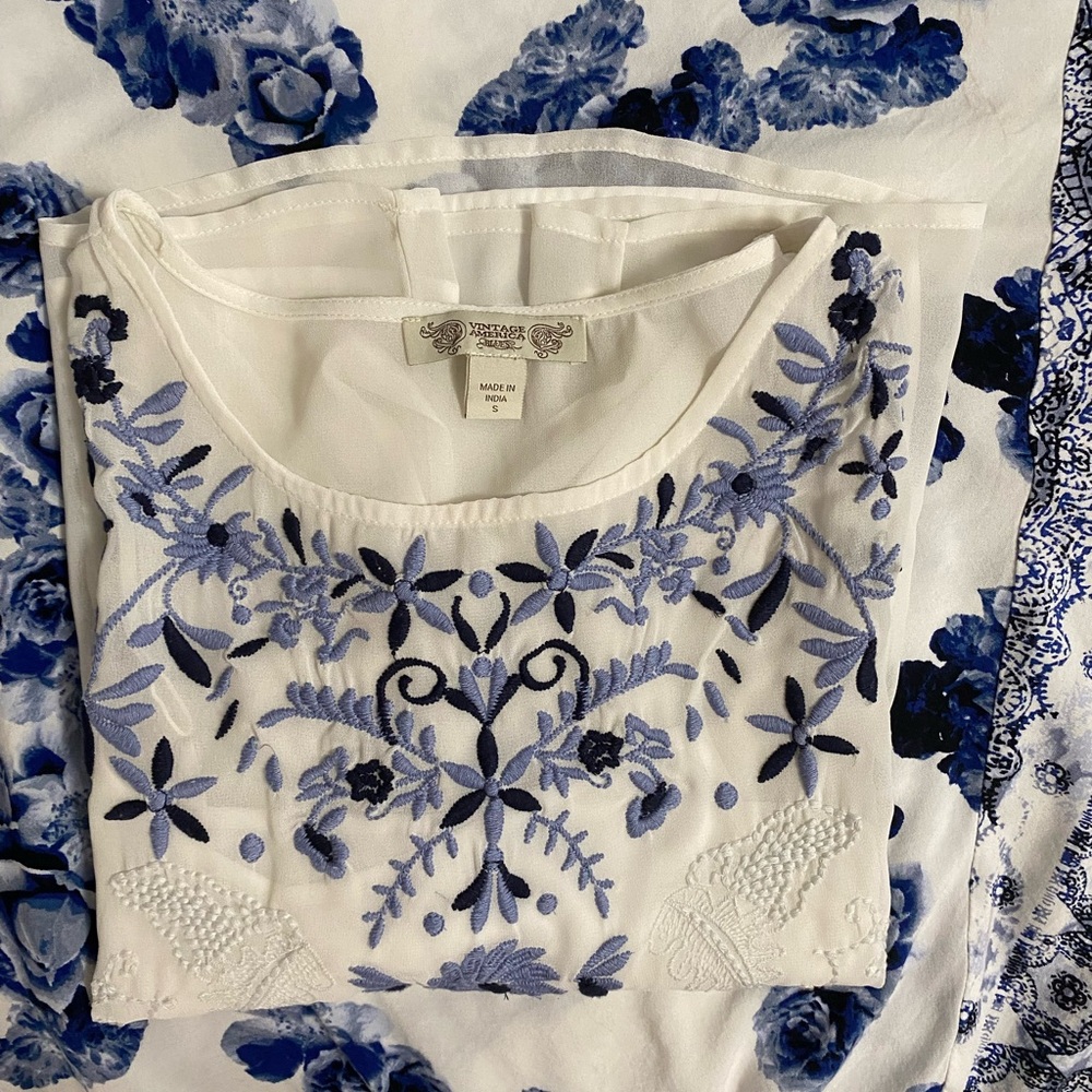 Vintage America set of asymmetrical skirt and beautifully embroidered blouse.